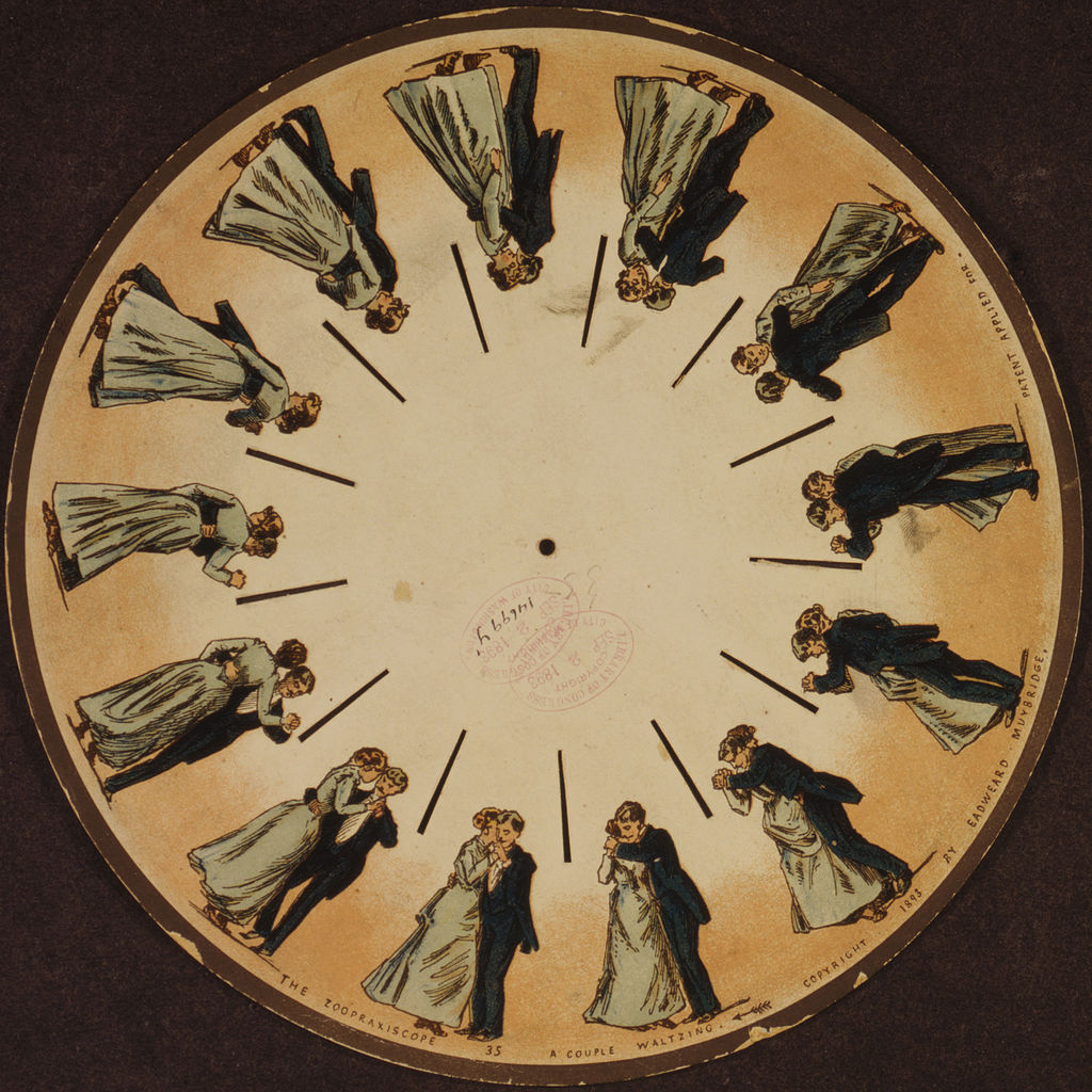Fenaquistiscopio; consiste en varios dibujos de un mismo objeto, en posiciones ligeramente diferentes, distribuidos por una placa circular lisa