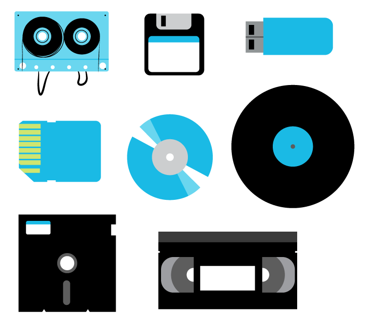 Casete, disquete, USB, memoria SD, disco compacto, disco de vinil y videocasete