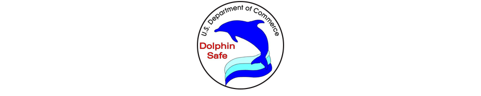Silueta de un delfín, a un costado el eslogan dolphin-safe