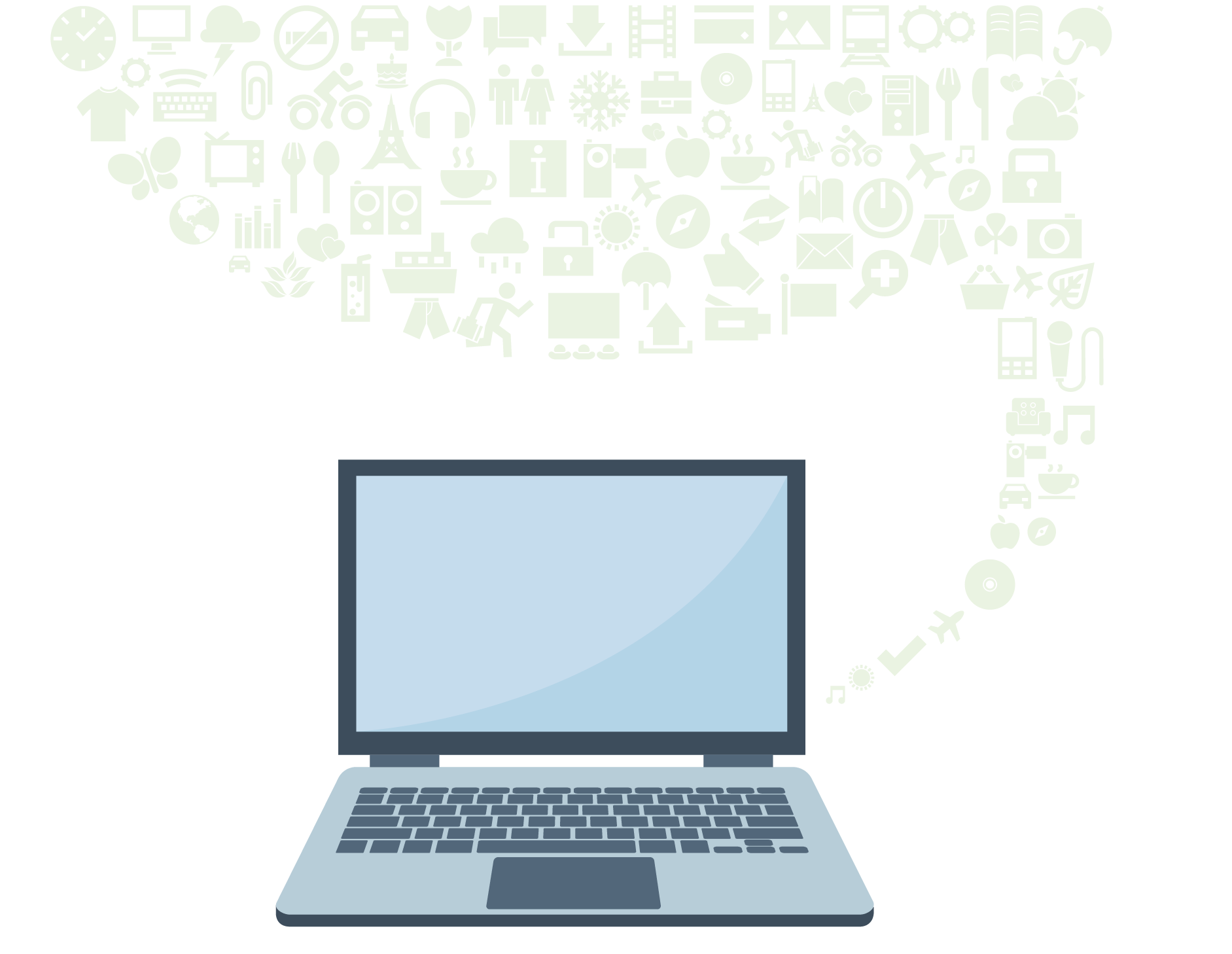 Celular, computadora y tableta conectados a una nube llena de herramientas y recursos tecnológicos