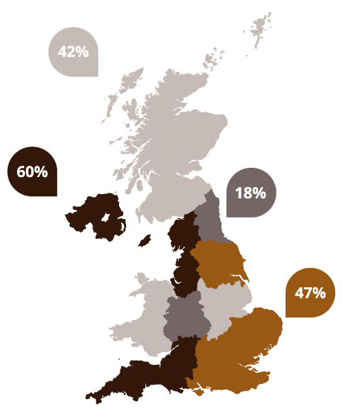 Mapa de Reino Unido con división política, rueda representando importaciones de neumáticos