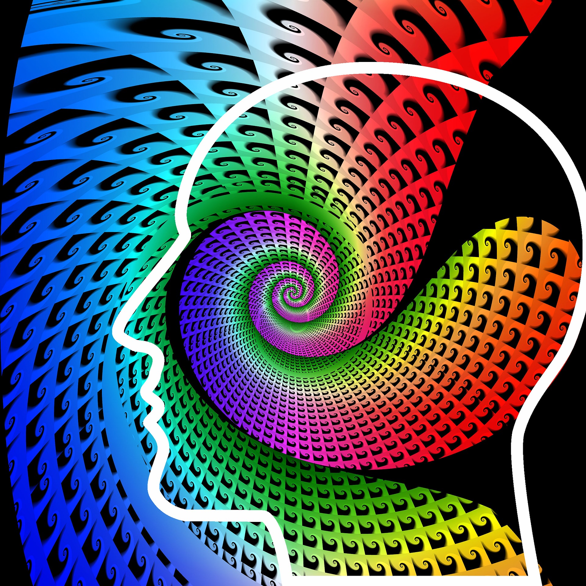 LGráfico de una silueta de cabeza humana de perfil de la cual surge un espiral colorido.
