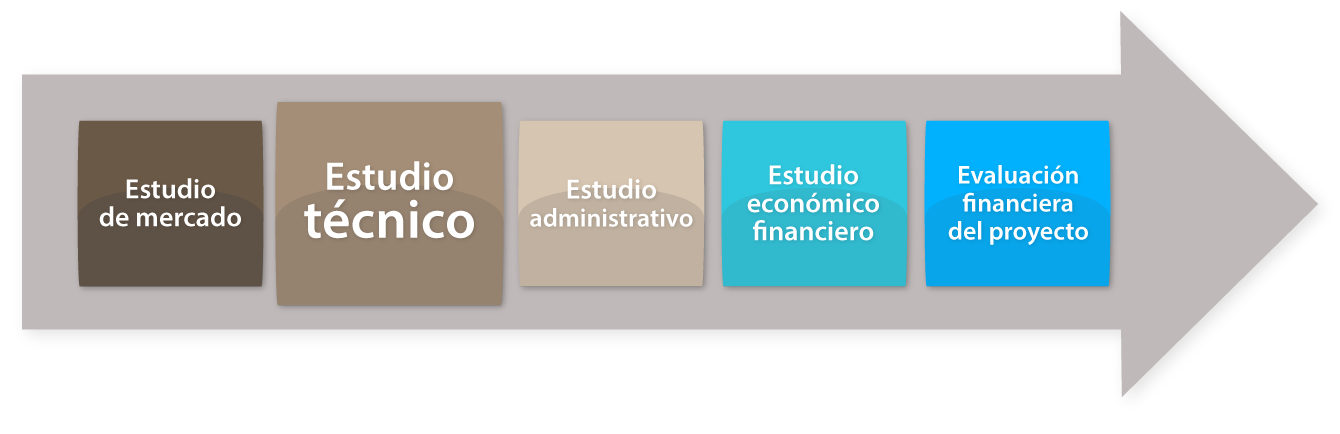 Esquema de las etapas de un proyecto de inversión en colores neutros, con la etapa de estudio técnico resaltada.
